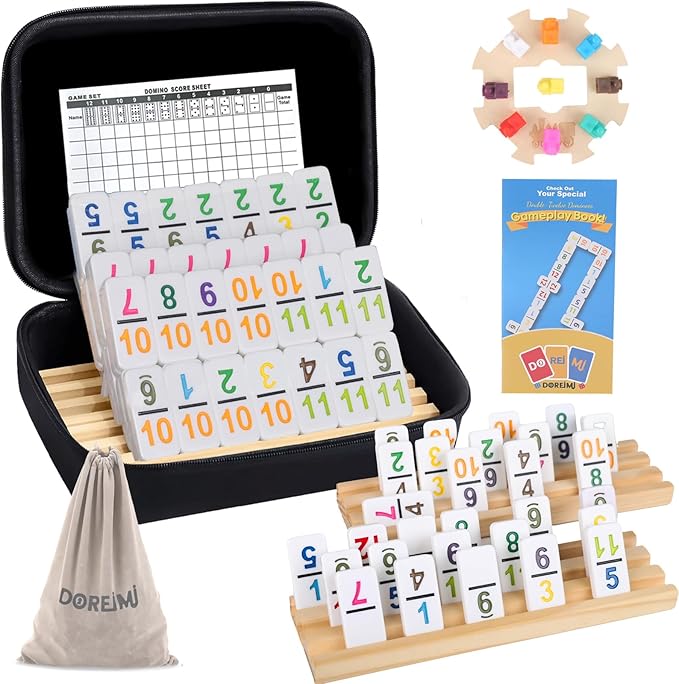 Mexican Train Dominoes Set with Numbers and 4 Wooden Racks,Double 12 Dominos Set for Kids, Adults with 91 Colored Tiles and Upgrated Hub, Classic Board Games for Family Night