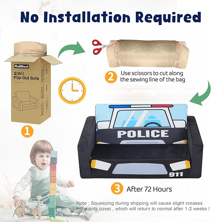 MallBest Kids Sofas, Extra Wide Toddler Couch Bed - 2 in 1 Baby Convertible Foam Chair to Lounger,Toddler Couch for Boys and Girls,Black/Police Car