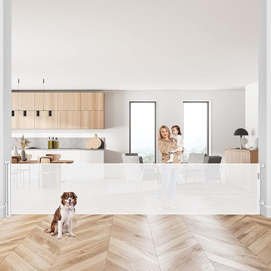 145 Inch Retractable Baby Gates Extra Wide Dog Gate for Extra Wide Openings Retractable Dog Gate Indoor Outdoor Retractable Gate Mesh Baby Gate Extra Long Baby Gate for Stairs, Doorways, White