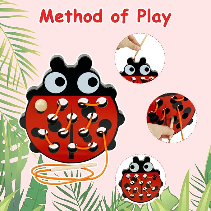 Sealive Wooden Lacing Toys for Toddlers - Fun Learning Activity for Preschoolers | Develop Fine Motor Skills | Durable Montessori Toy for Travel (Ladybug)