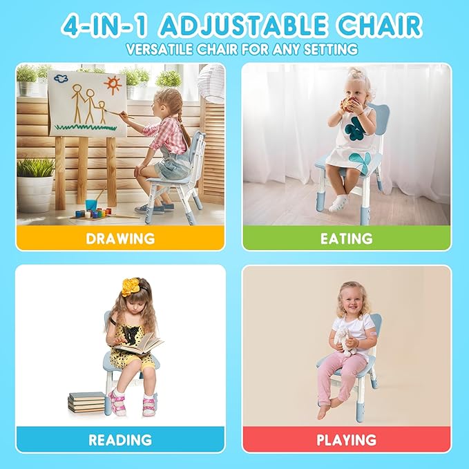 Kids Chair Height Adjustable Toddler Chair Max Load 220LBS Plastic Indoor Outdoor Chair for Children Age 1-6 School Home Daycare Use Bluegrey