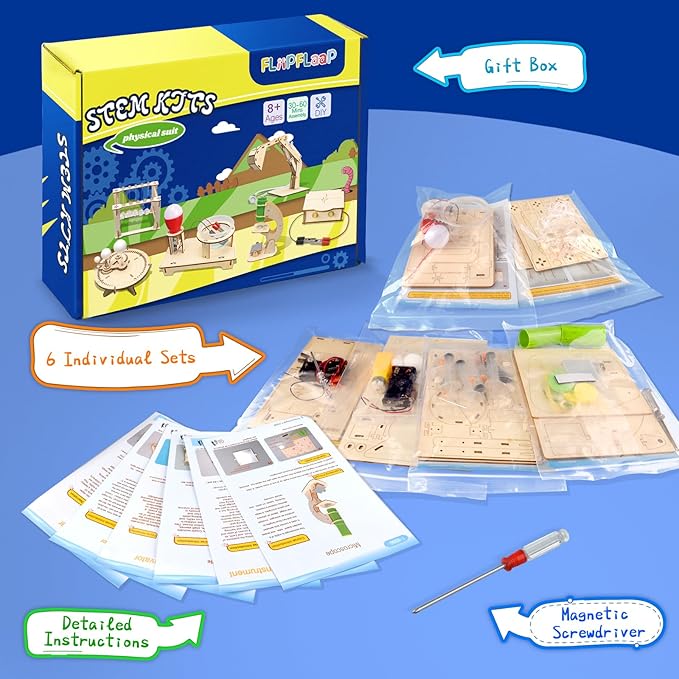 6-in-1 STEM Science Kits for Kids, STEM Kits for Kids Ages 8-10, STEM Engineering Toys for Boys and Girls, Wooden Building Crafts Kits Science Experiment Projects for Kids Birthday Gifts for Age 8-12