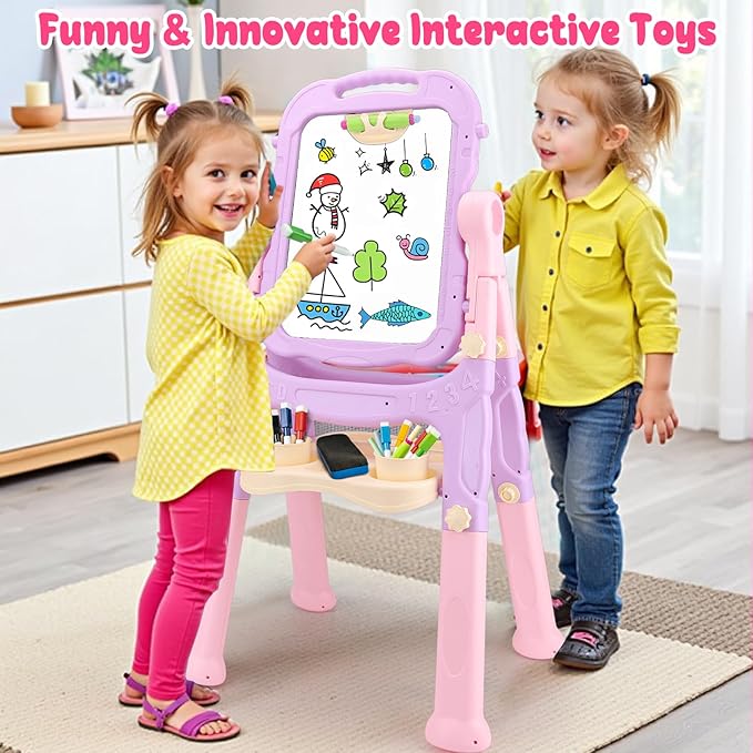 Kids Easels for Toddlers 2-4 Double Sided Kids Art Easel with Magnetic White Board & Chalk Board Adjustable Stand Drawing Painting Easel Learning Toys Age 2 3 4 Year Old Girl Birthday