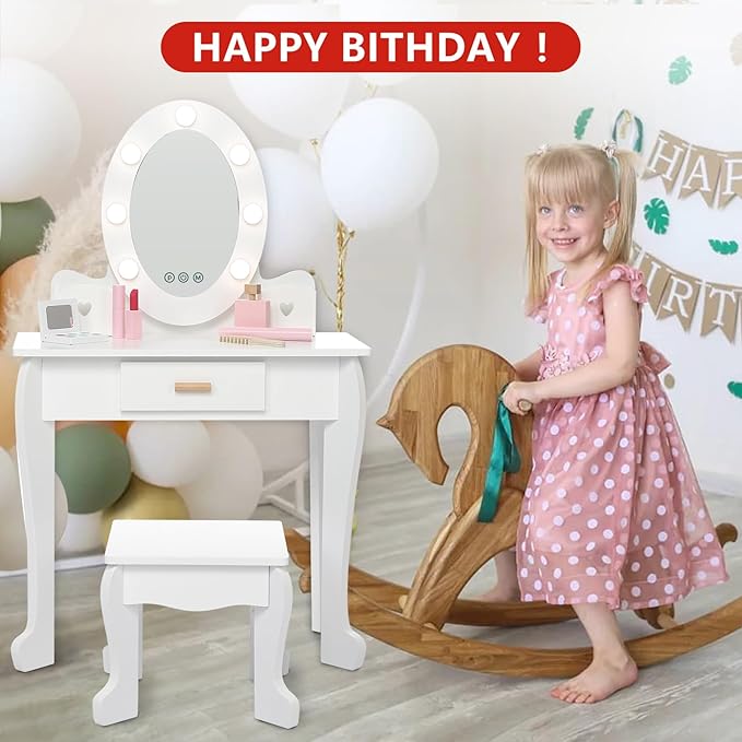 Kids' Vanity Set with Mirror and Light, Makeup Table and Stool for Girls, Vanity Table and Chair Set with Wood Makeup Playset for 4-9 Girls, White (Batteries Not Included)