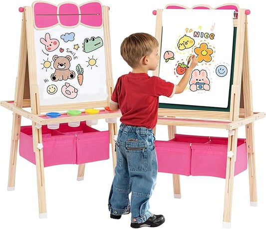 Kids Wooden Easel All-in-one Kid Easel Double Sided Standing Whiteboard Blackboard Children Art Easel with Storage, Height Adjustable Easel for Boys Girls Painting and Writing