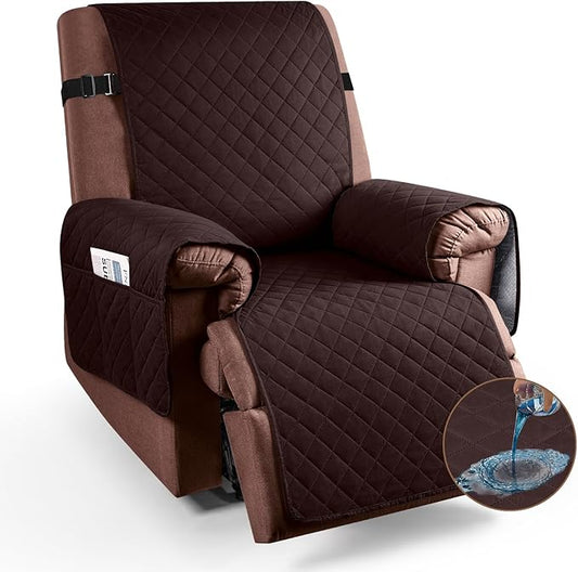 KinCam 100% Waterproof Recliner Chair Cover, Reclining Couch Covers for Pets, Dogs, Recliner Couch Slipcover Furniture Protector with Elastic Straps for Kids(28", Coffee)