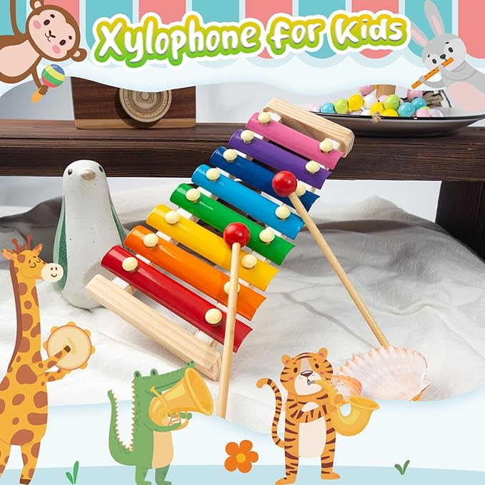 LovesTown Wooden Xylophone Musical Toy, 8 Rainbow Keys, 2 Mallets, Educational Instrument for Toddlers