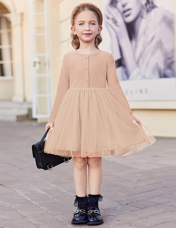 Arshiner Toddler Girls Tutu Dress Long Sleeve Fall Winter Button Front Party Tulle Dresses 2-8Y