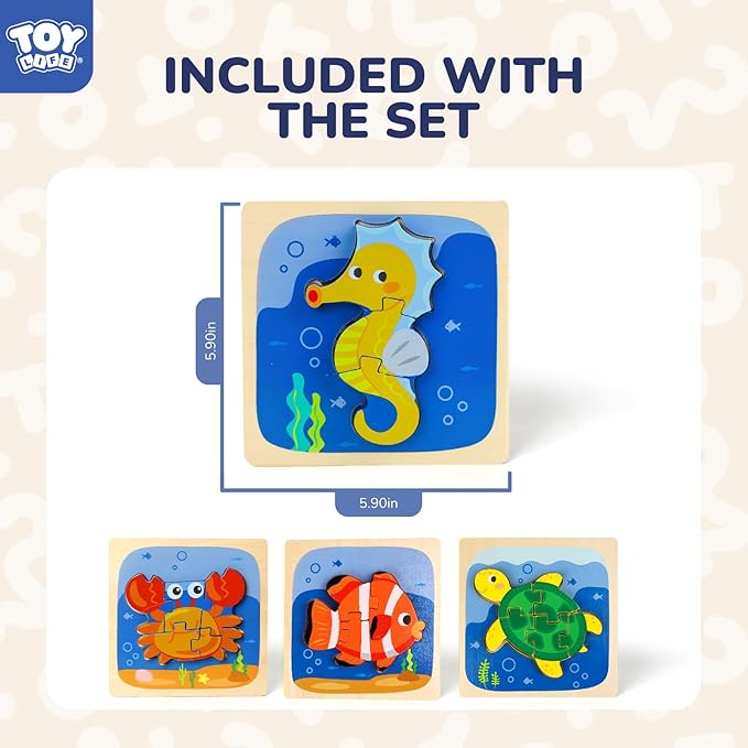 TOY Life Wooden Puzzles for Toddlers 2-4, Sea Animals Toddler Puzzles, Puzzles for Toddlers 1-3, Wood Puzzles Educational Montessori Toys Gifts for 1 2 3 Year Old, Baby Puzzles Kids Learning Toy