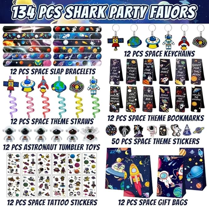146 Pcs Space Party Favors Set with Space Straws Keychains Slap Bracelet Bookmark Tattoo Stickers Goodie Bags Space Party Supplies Outer Space Birthday Decorations