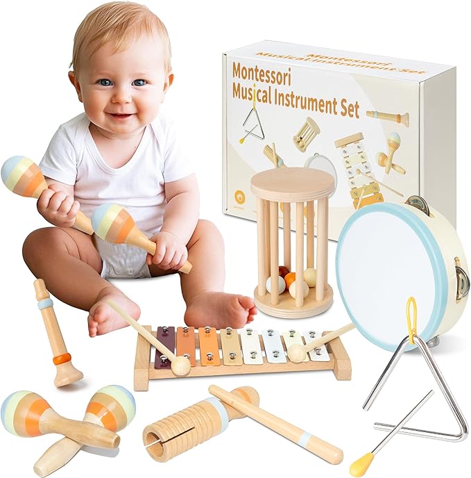 Baby Musical Instruments, Montessori Wooden Toys for Toddlers, Premium Wooden Musical Instrument Set for Kids Preschool Educational, Fun Musical Instruments for Children