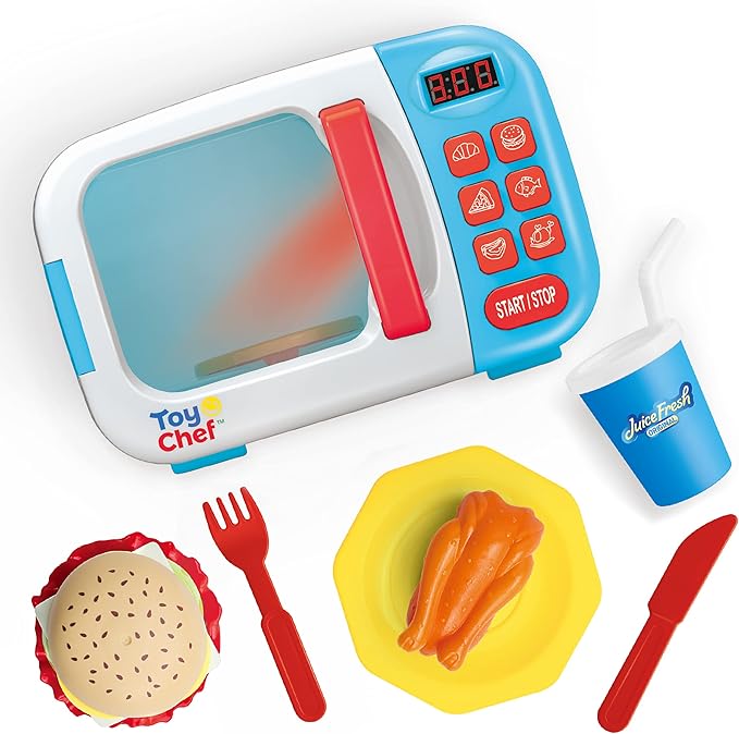 Kids Microwave Oven Toy, Pretend Play Kitchen, Electronic Bright Colored Microwave with Lights and Toy Food