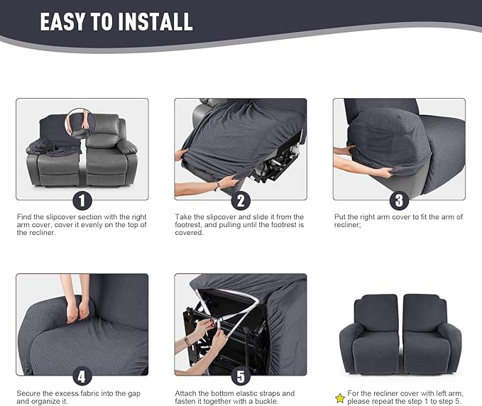 KinCam Recliner Covers, Stretch Reclining Chair Covers, Recliner Sofa Slipcovers Stripe Jacquard Recliner Couch Covers Furniture Protector Covers for Pet Kid (2 Seater, Charcoal Gray)
