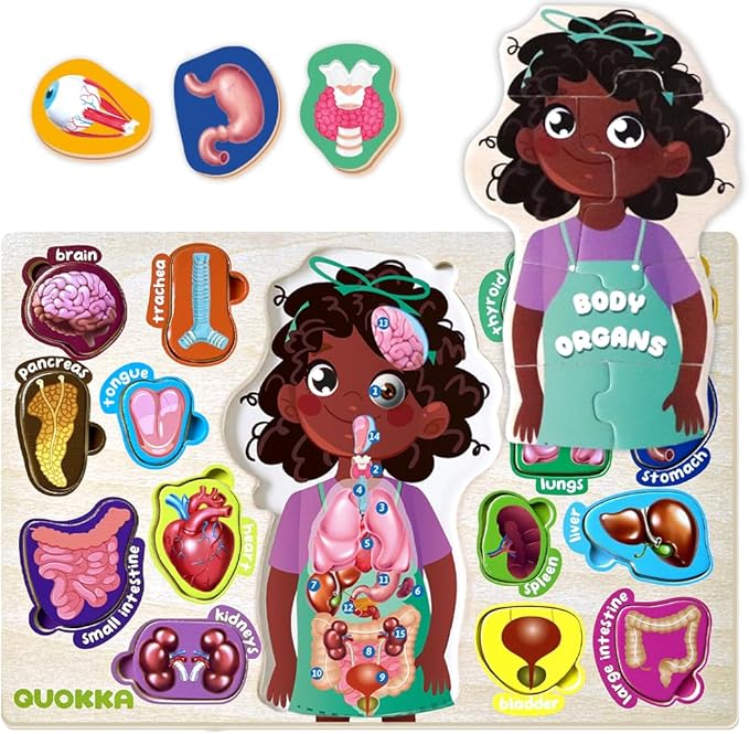 QUOKKA Wooden Puzzles for Kids Ages 18+ Months in a Bag – Montessori Toddlers Puzzles Ages 1-2 – Preschool Game to Learn Human Body Parts Anatomy Skeleton – Educational Toys for Boy & Girl