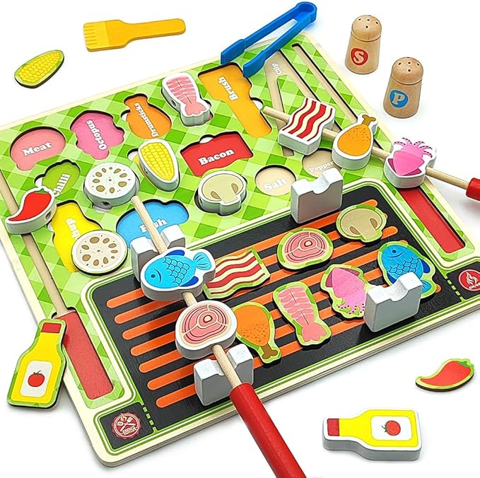 Wooden Play Food Sets for Kids Kitchen Toys Kitchen Playset Accessories Early Education Toys for 3 4 5 6 7 8 Years Old Girls and Boys Gifts (Barbecue)