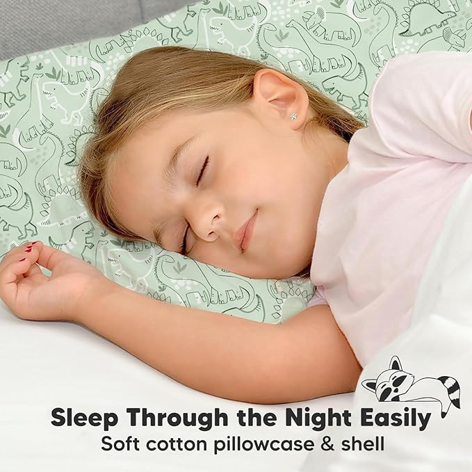 Toddler Pillow with Pillowcase - 13x18 My Little Dreamy Pillow, Organic Cotton Toddler Pillows for Sleeping, Kids Pillow, Travel Pillows, Mini Pillow, Nursery Pillow, Toddler Bed Pillow (DinoDood)