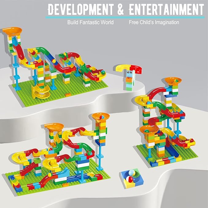 2-in-1 Kids Toys for 2 3 4 5 6 7 + Year Old Boys Girls Toddlers Upgrade Classic Big Bricks Marble Run Building Blocks, Toss Ring Games Compatible with All Major Brands for Christmas Birthday