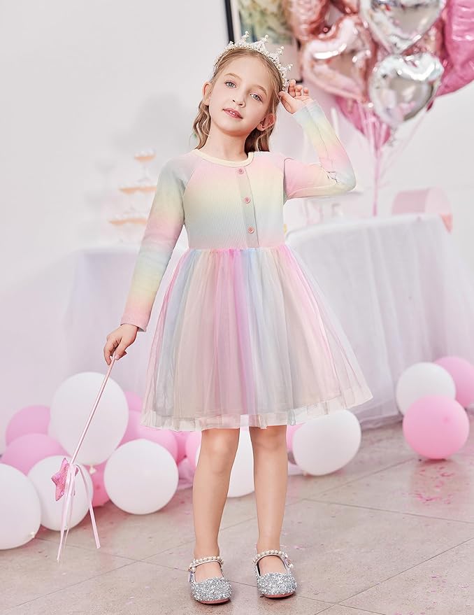 Arshiner Toddler Girls Tutu Dress Long Sleeve Fall Winter Button Front Party Tulle Dresses 2-8Y