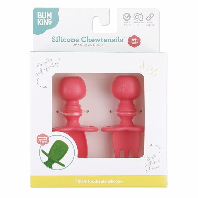 Bumkins Baby Utensils Set, Chewtensils Silicone Spoons for Dipping, Self-Feeding, Baby Led Weaning, Trainer Learning, First Stage Eating, Soft Practice Fork and Spoon, Babies 6 Months, Red