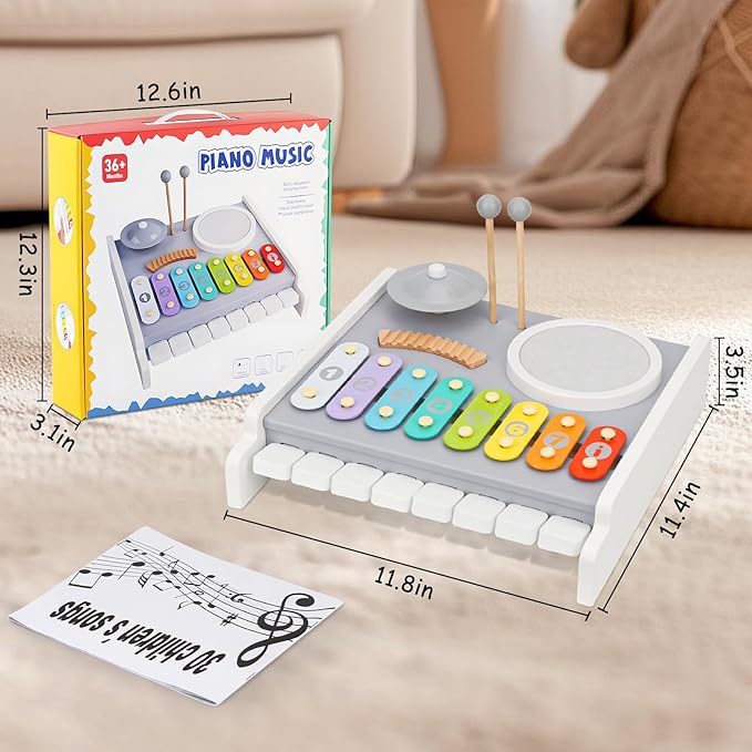 Kids Drum Set Musical Instruments - 5 in 1 Montessori Toys for Toddler Baby, Wooden Music Kit with Piano Keyboard Xylophone, Preschool Educational Sensory Toys Birthday Gifts for Boys Girls 1-3+