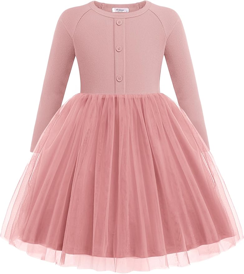 Arshiner Toddler Girls Tutu Dress Long Sleeve Fall Winter Button Front Party Tulle Dresses 2-8Y