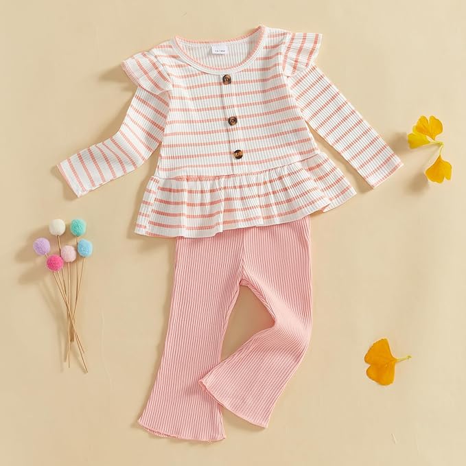 Mubineo Toddler Baby Girl Clothes Cute Ribbed Outfits Knit Long Sleeve Shirt Tops Bell Bottom Pant Fall Winter Outfit