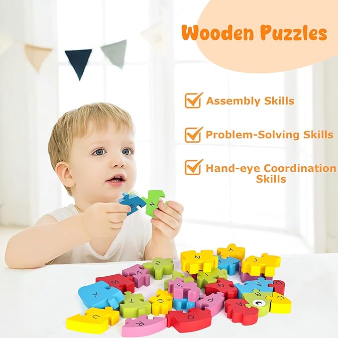 LovesTown Wooden Alphabet Puzzle for Kids, Educational Rooster Shape Letter Learning Blocks, 26 Pieces