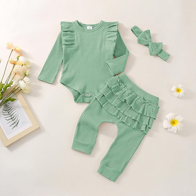 Baby Girl Clothes Newborn Infant Fall Winter Outifts Ribbed Ruffle Long Sleeve Romper Pant Outfit Set 3pcs 0-18Months