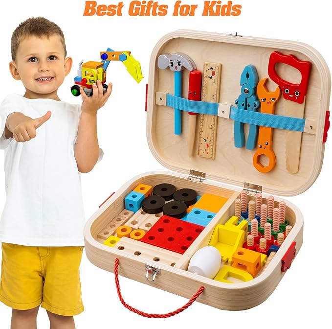 56 Pcs Kids Tool Set for Toddlers, Montessori Educational STEM Toys, Construction Learning Toys with Tool Box, Wooden Building Kit for 3 4 5 6 7 8 9 10 Years Old Boys Girls Birthday Gifts