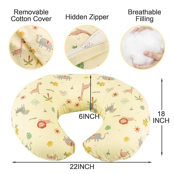 Nursing Pillow, Breastfeeding Pillows with Standard Size Removable Cover, Breast Feeding Pillow with Breathable Filling, Ergonomic Nursing Essentials for Bottle and Breastfeeding- Animal Yellow