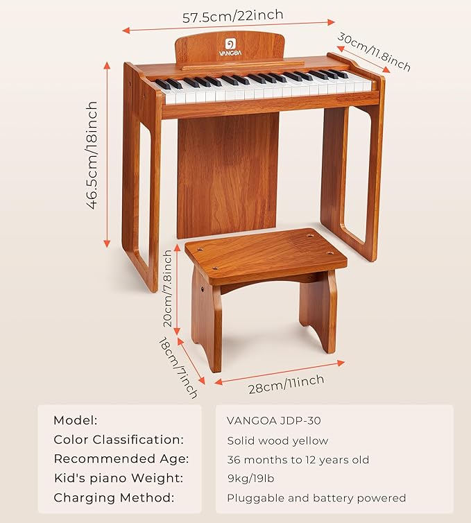 Vangoa Kids Piano Keyboard, 37 Keys Wood Digital Piano for Kids, Music Educational Instrument Toy, for Girls and Boys, Solid Wood Yellow