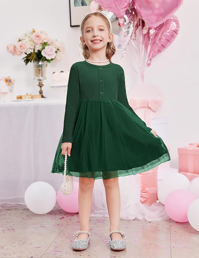 Arshiner Toddler Girls Tutu Dress Long Sleeve Fall Winter Button Front Party Tulle Dresses 2-8Y