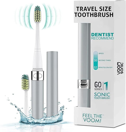 Voom Sonic Go 1 Series Travel Electric Toothbrush, Travel Toothbrushes - Battery Operated Toothbrush for Adults and Kids, Dentist Recommended Toothbrush, Portable with 2 Minute Timer (Silver)