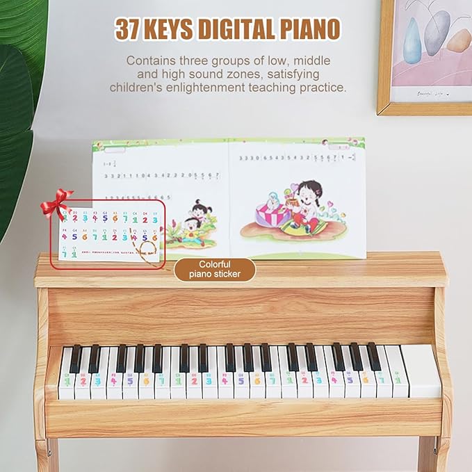 Wooden Kids Piano, 37 Keys Toddler Piano Music Educational Instrument Toy with Music Stand, Color Coded keyboard Stickers, Multiple Sounds and Record Playback, Gift for 3 4 5 6 7 8 9Years Old