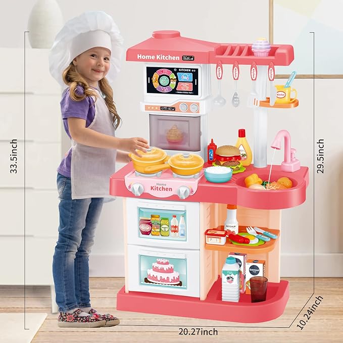 Kids Play Kitchen Toy Playset,Pink Kitchen Toy Set with Play Sink & Pretend Steam, Toddler Kitchen Accessories Set with Sounds & Light, Birthday for Boy Girl 3 4 5 7 8 Year Old