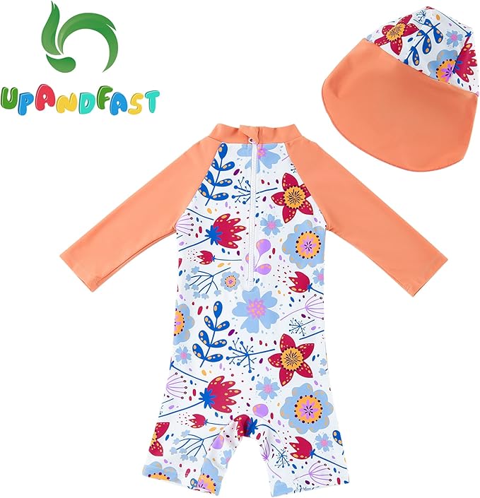 upandfast Baby/Toddler Swimsuit UPF 50+ Sun Protection One Piece Zipper Bathing Suit with Sun Hat Infant Beach Swimwear