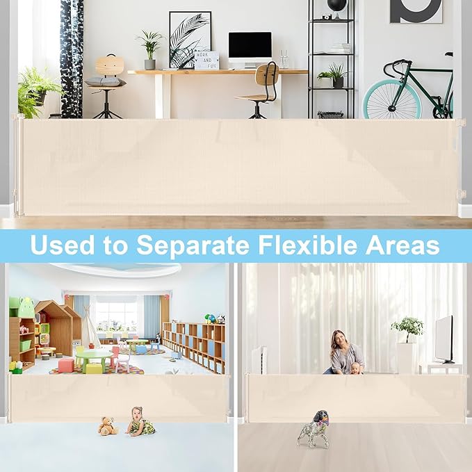 168 Inch Extra Large Baby Gates Extra Wide Retractable Baby Gates Indoor Child Gate for Wide Openings Extra Large Toddler Gate Mesh Kid Gate for Large Opening Outdoor Safety Baby Gates for Dog (Beige)