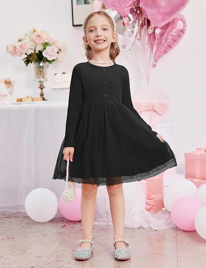 Arshiner Toddler Girls Tutu Dress Long Sleeve Fall Winter Button Front Party Tulle Dresses 2-8Y