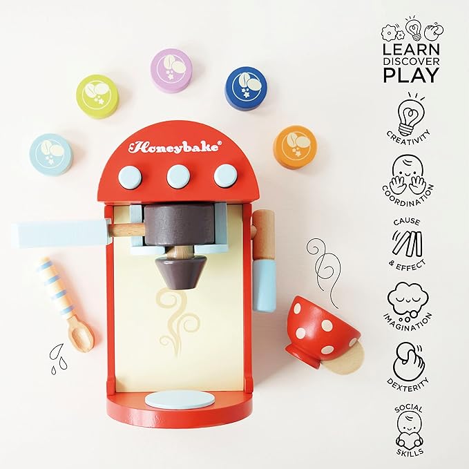 Le Toy Van - Honeybake Premium Wooden Cafe Machine Set - Pretend Kitchen and Cafe Play Toy Set | Kids Role Play Toy Kitchen Accessories (TV299), Small