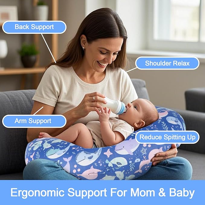 Nursing Pillow, Breastfeeding Pillows with Standard Size Removable Cover, Breast Feeding Pillow with Breathable Filling, Ergonomic Nursing Essentials for Bottle and Breastfeeding- Whale