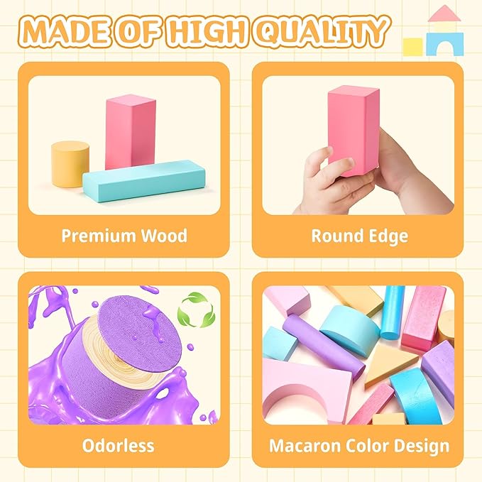 VigorFun 110 PCS Wooden Building Blocks Set - Construction Stacking Toy with Storage Bag, Montessori Preschool Toys for Toddlers Kids Birthday Gifts Ages 3+