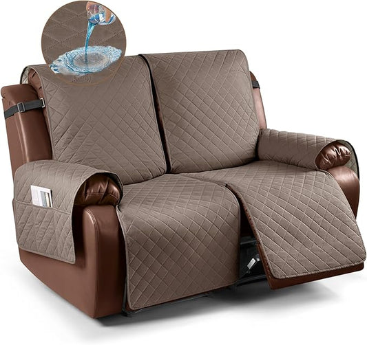 KinCam Loveseat Recliner Covers for 2 Seat, 100% Waterproof Reclining Loveseat Covers, Non-Slip Recliner Cover Furniture Protector with Elastic Straps for Pets, Kids, Brown