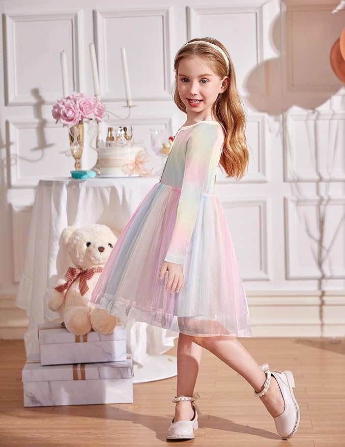 Arshiner Toddler Girls Tutu Dress Long Sleeve Fall Winter Button Front Party Tulle Dresses 2-8Y