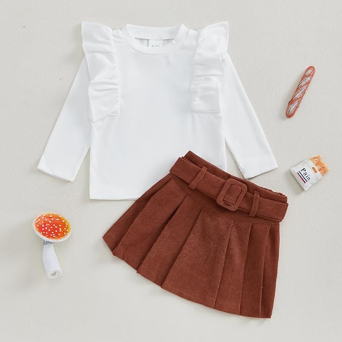 Fernvia Toddler Baby Girl Fall Winter Skirt Set Turtleneck Ribbed Long Sleeve T-Shirt Top & Plaid Skirts Dress 2Pcs Outfits