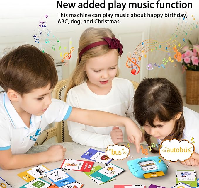 Kidzdo Spanish and English Audible Toys, Bilingual Español/English Talking Flash Cards with Music for Preschool,Kindergarten Toddler 2 3 4 5 6 to Learn Spanish English
