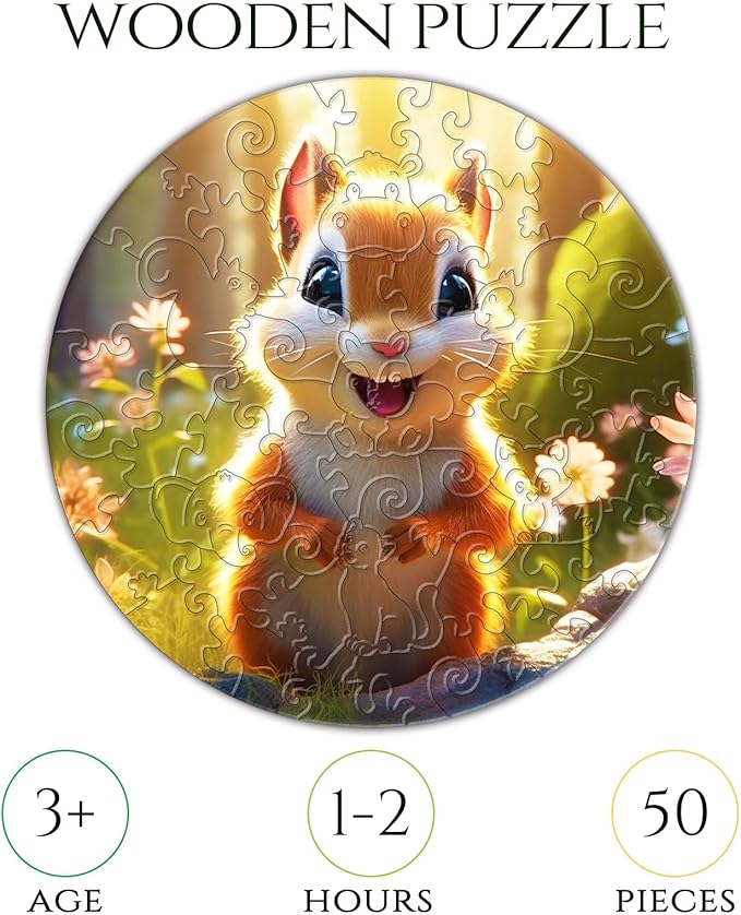 Wooden Jigsaw Puzzles for Kids Ages 4-6, 50 Piece Unique Shape Animal Theme Puzzle - Preschool Learning Educational Toys for Kids 3+, Valentines Day Easter Gifts for Kids Girls Boys (Squirrel)