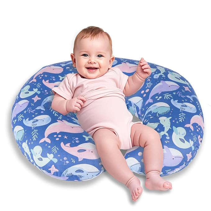 Nursing Pillow, Breastfeeding Pillows with Standard Size Removable Cover, Breast Feeding Pillow with Breathable Filling, Ergonomic Nursing Essentials for Bottle and Breastfeeding- Whale