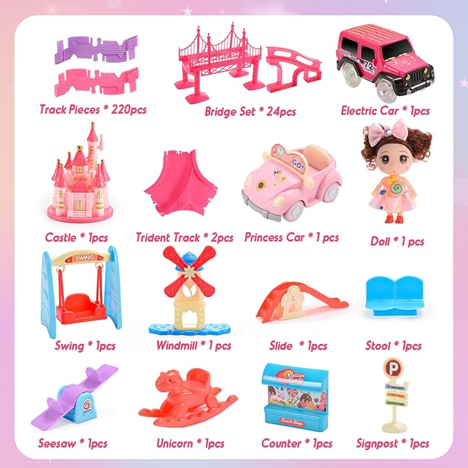 Princess Toys: 258pcs Toys for 3 4 5 6 Year Old Girls Kids Car Track Toy Set with Doll Caslte Barbi Car 4 Year Old Girl Birthday Gifts Pink Toys for Girls 3-5 Toddler Girl Toys Age 3-6