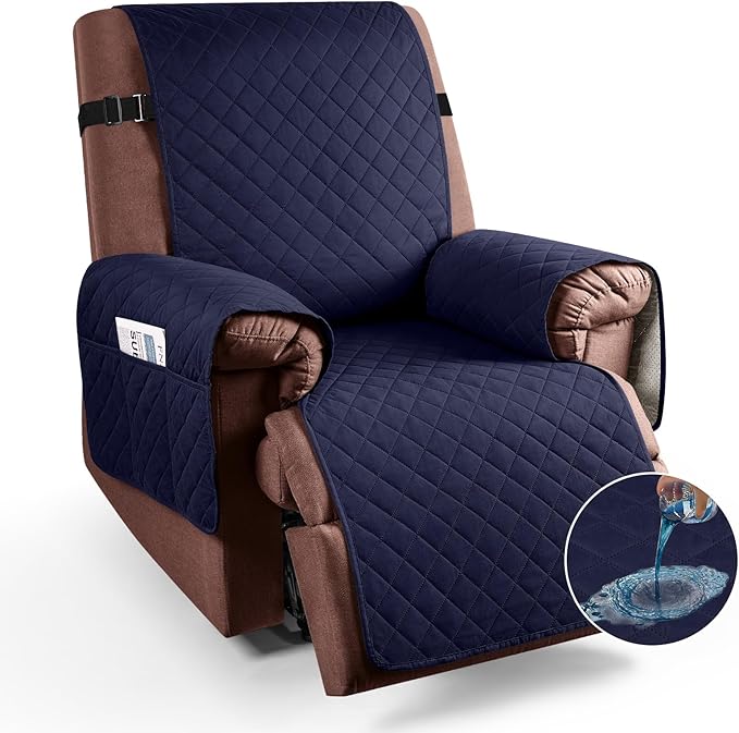 KinCam 100% Waterproof Recliner Chair Cover, Reclining Couch Covers for Pets, Dogs, Recliner Couch Slipcover Furniture Protector with Elastic Straps for Kids(28", Dark Blue)