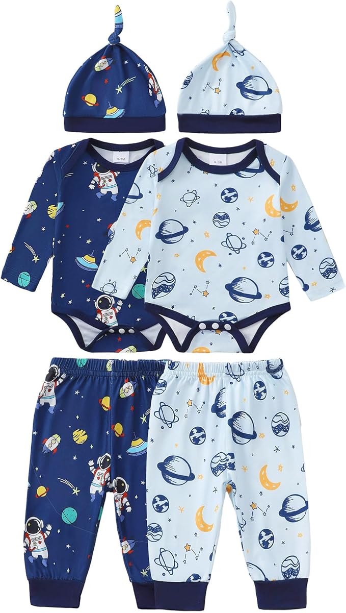 Newborn Baby Boy Clothes Infant Boys Outfits Romper 2-Pack Cute Baby Boy Pants Set Hat 0 3 6 9 12 18 Months